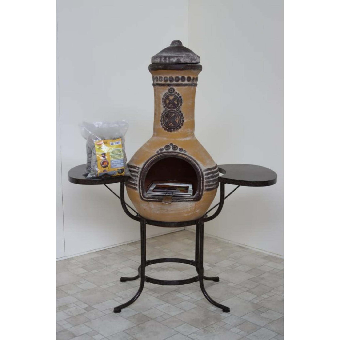 Azteca X-Large Mexican Chiminea BBQ Bundle – Yellow on tiled floor