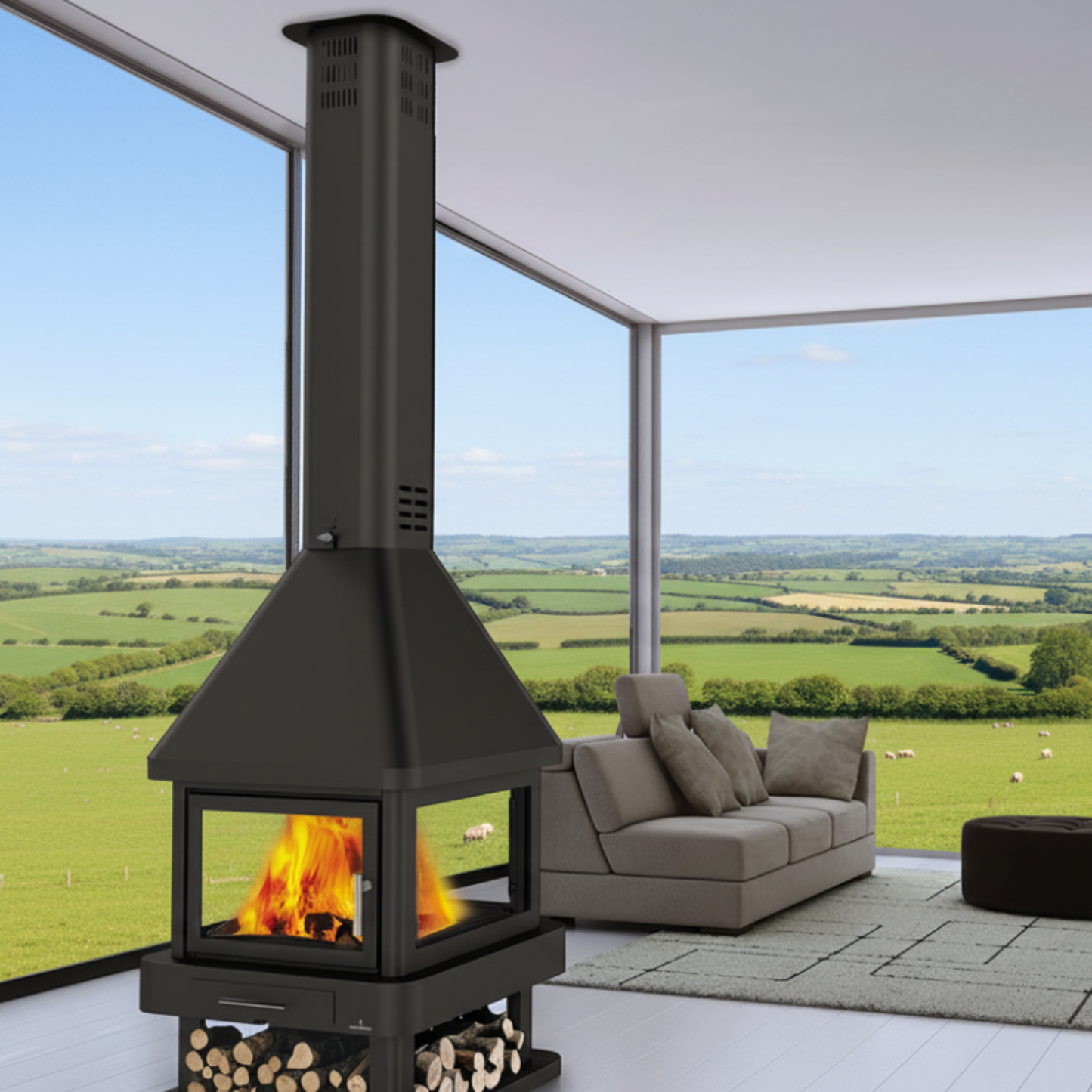 Bronpi Huelva Stove in open plan room with sofa and vista windows viewing English countryside