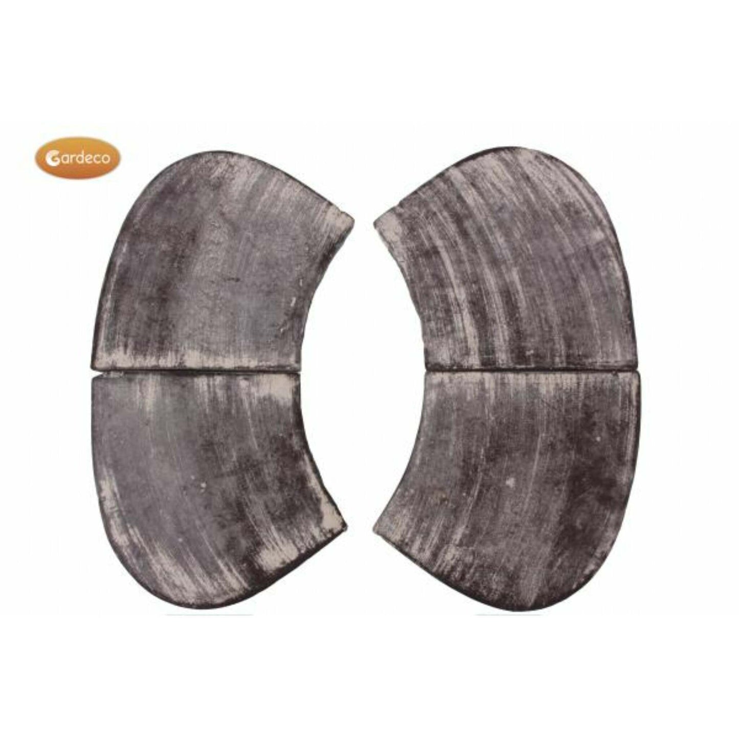 A pair of curved gray tiles shown on a plain white background, with a small orange Gardeco logo in the top-left corner.
