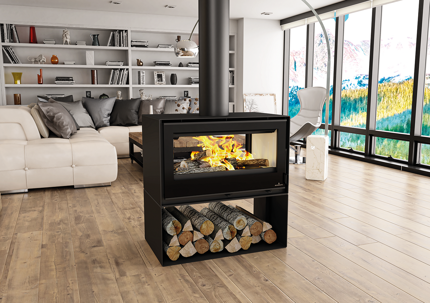 Modern living room with a black freestanding fireplace and stacked logs.