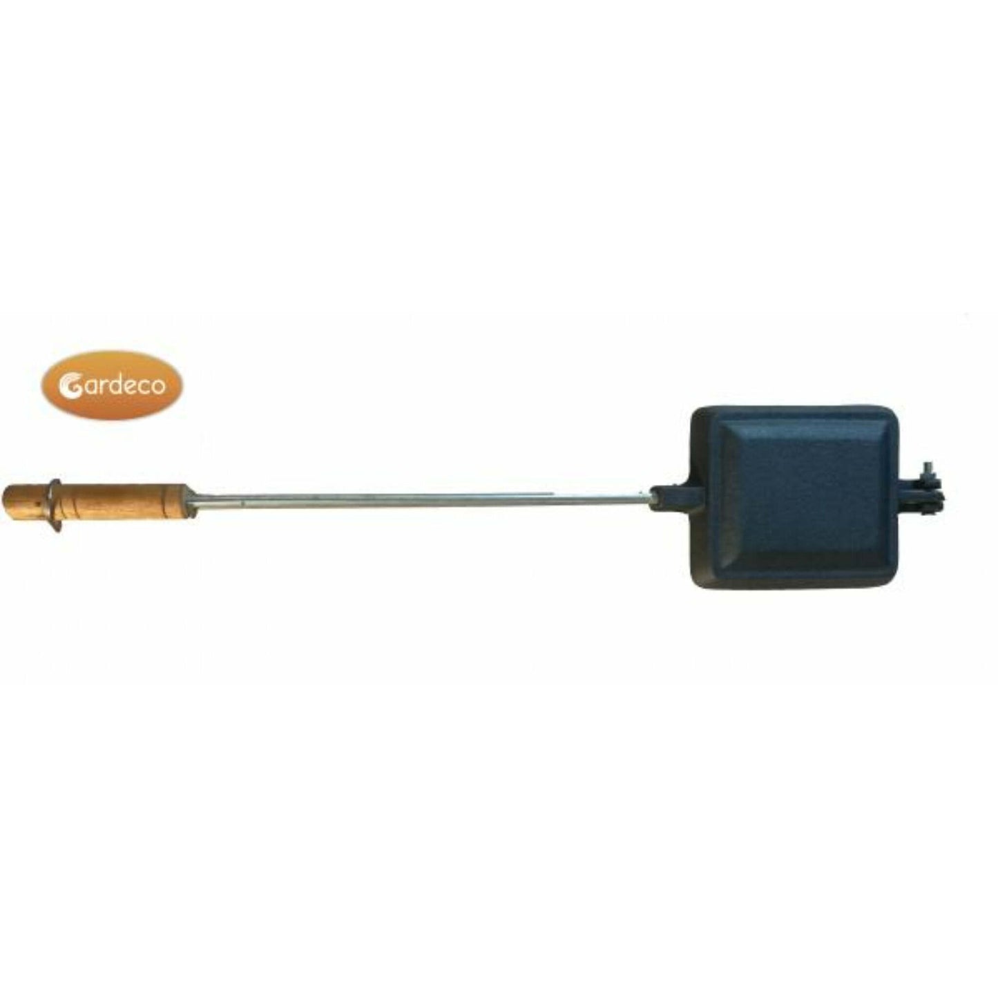 Cast Iron Cooking Iron showing long handle with wooden end on white background