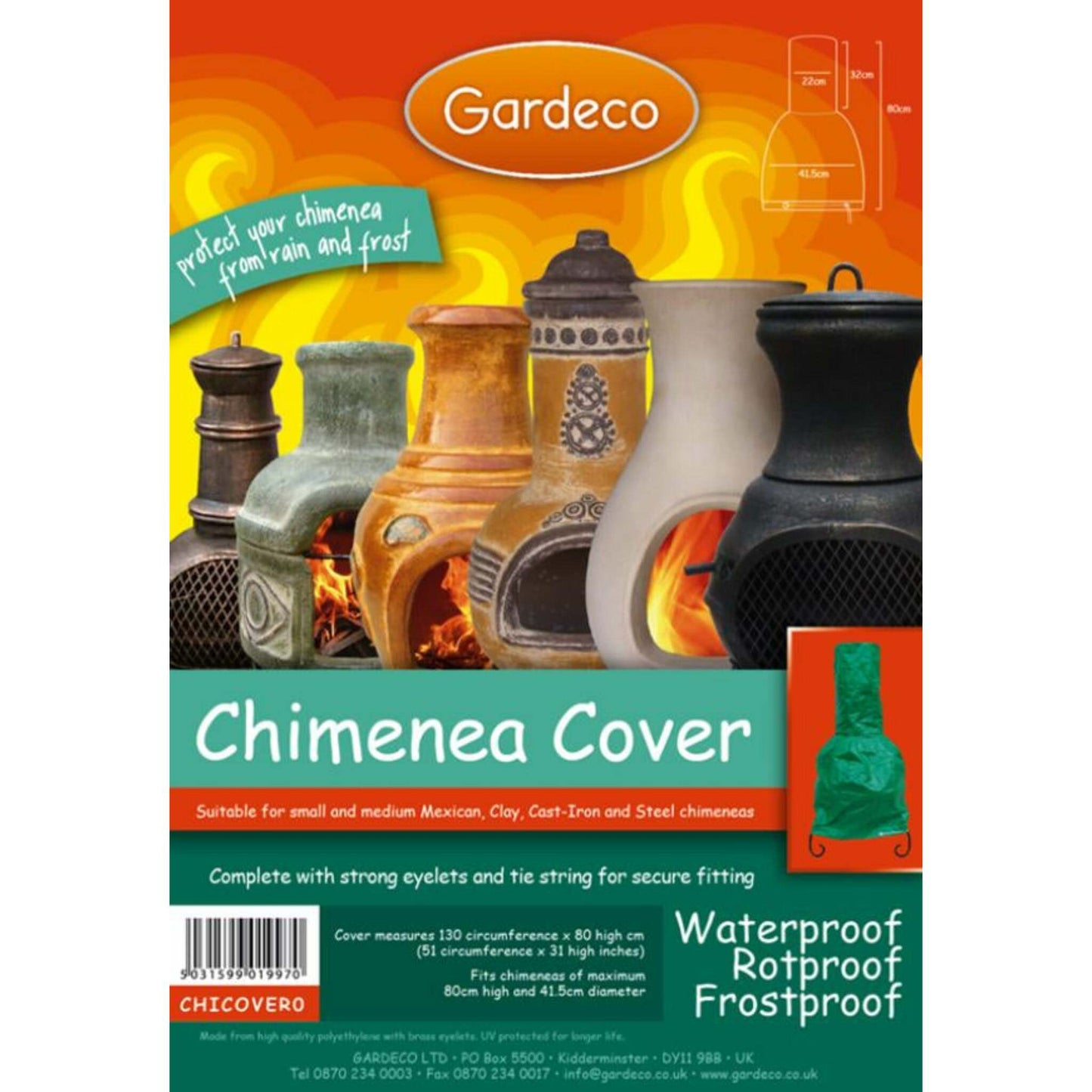 Gardeco chimenea cover packaging with various chimenea designs on an orange background