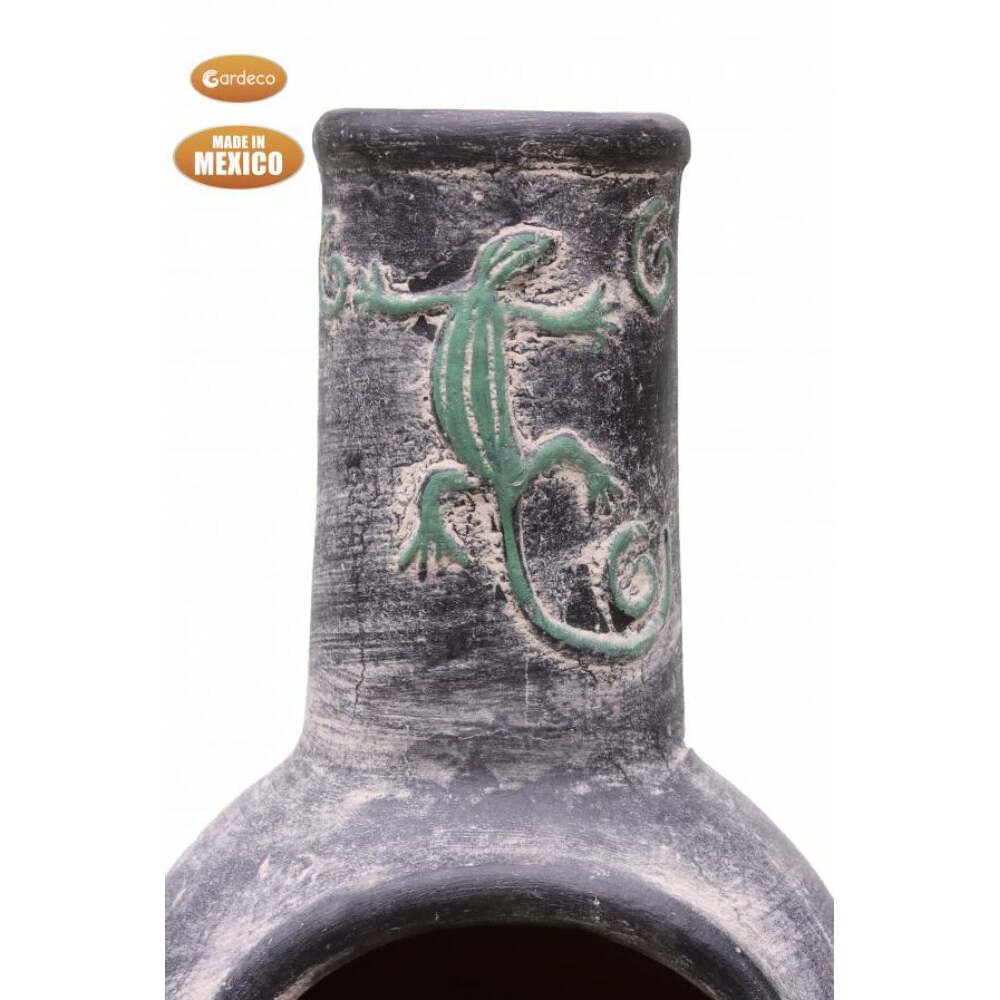 Ceramic chiminea with a green lizard design on a white background, featuring the 'Made in Mexico' label.