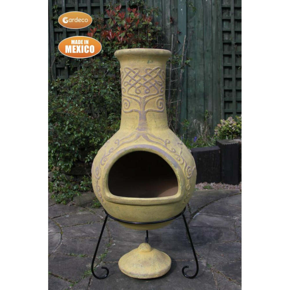 Decorative outdoor fireplace with intricate design on a stone patio, made in Mexico by Gardeco.