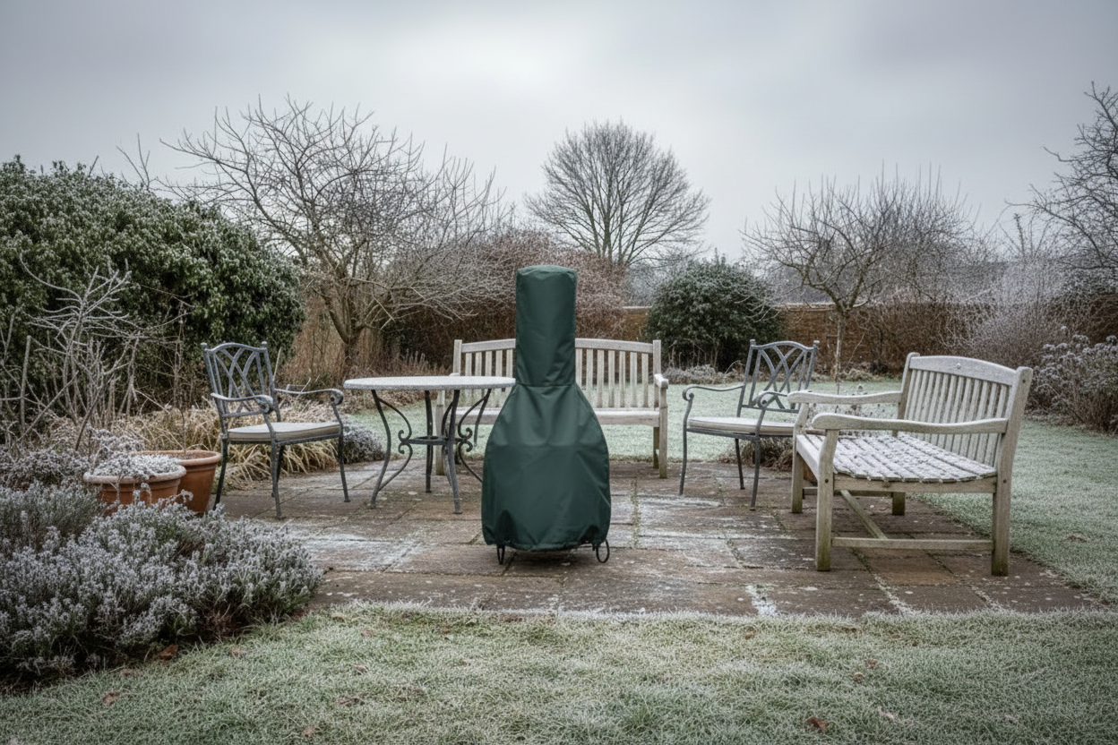 Outdoor patio set with a covered chiminea on a frosty day