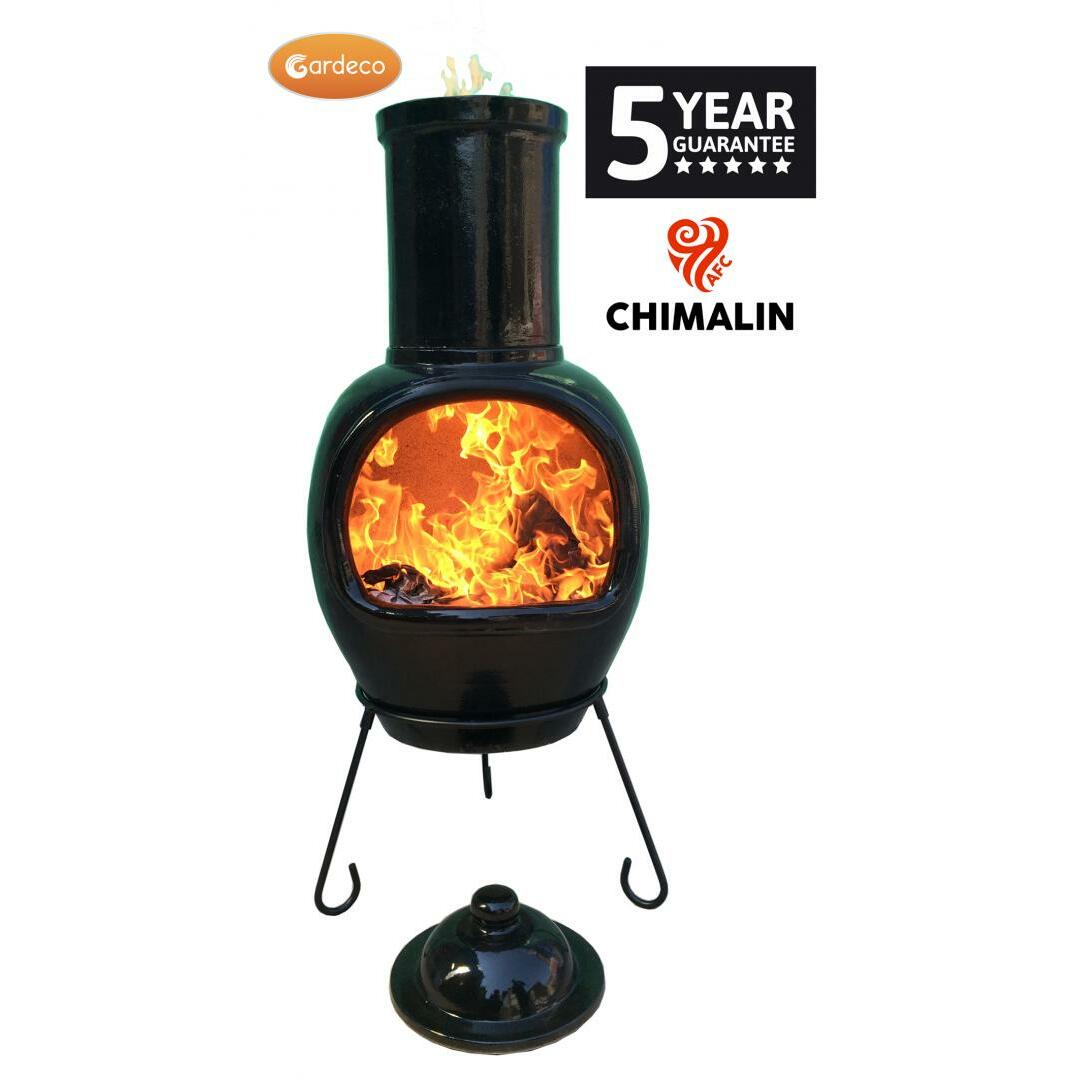 Black chiminea with glowing interior, Gardeco logo, and 5-year guarantee on a white background.