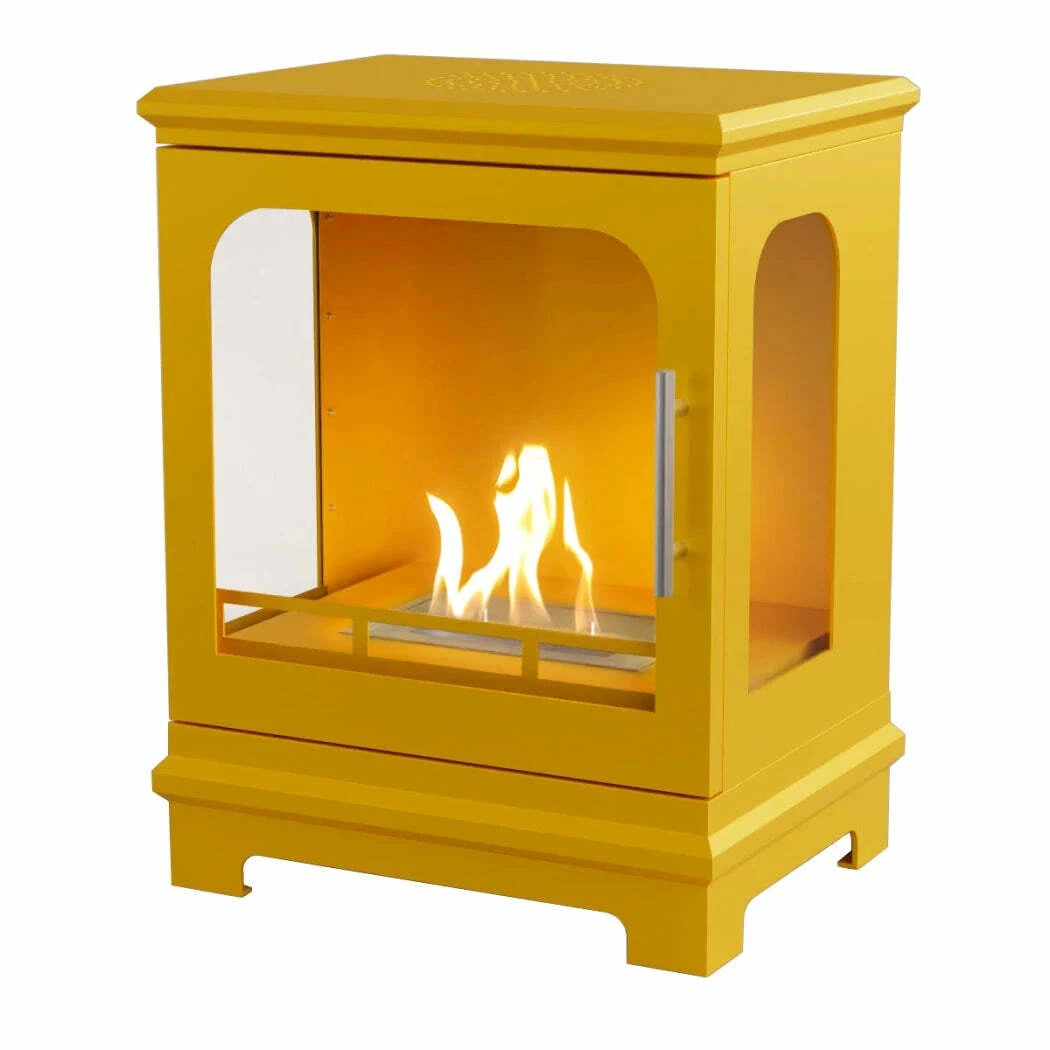 Yellow freestanding fireplace with three glass doors on a white background