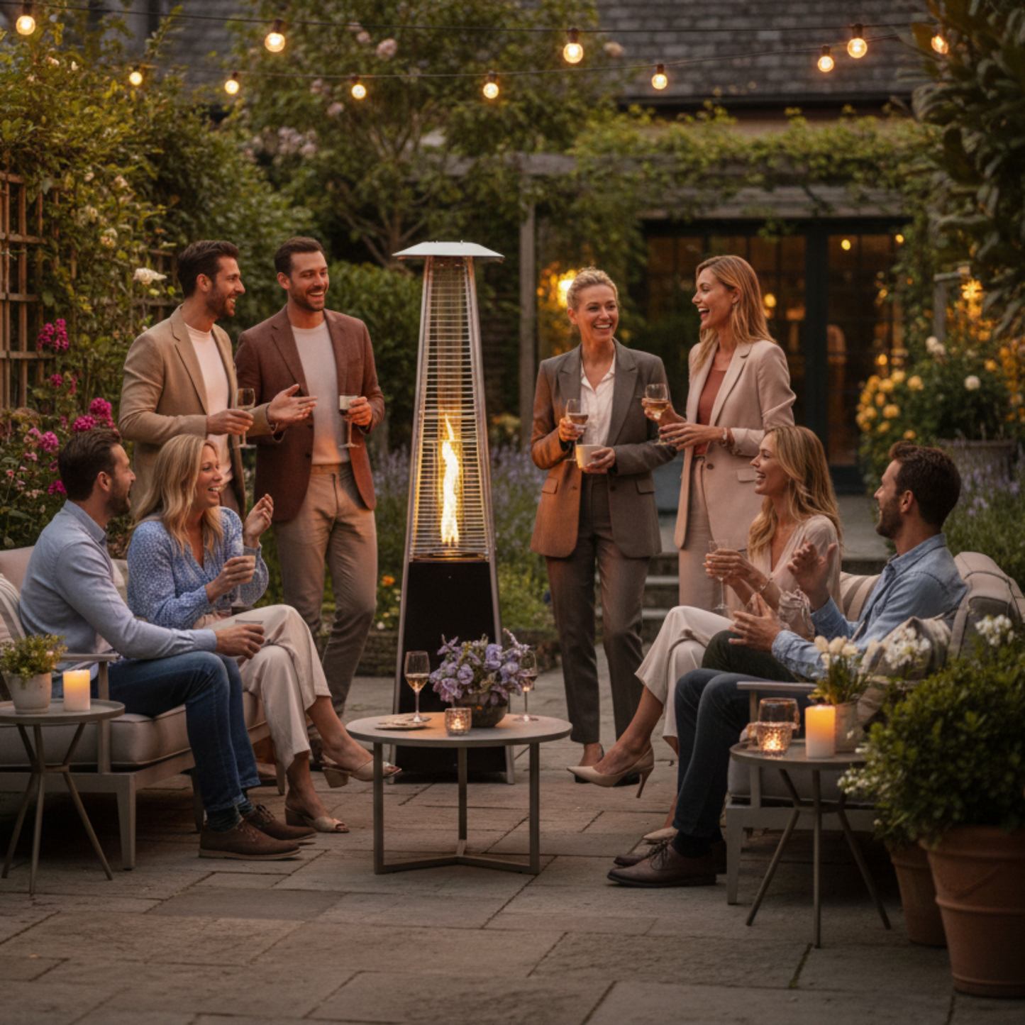 Group of people socializing outdoors around a patio heater with string lights and plants.