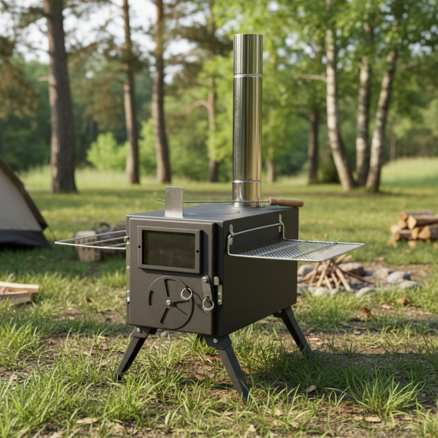Wood burning tent stove at a campsite