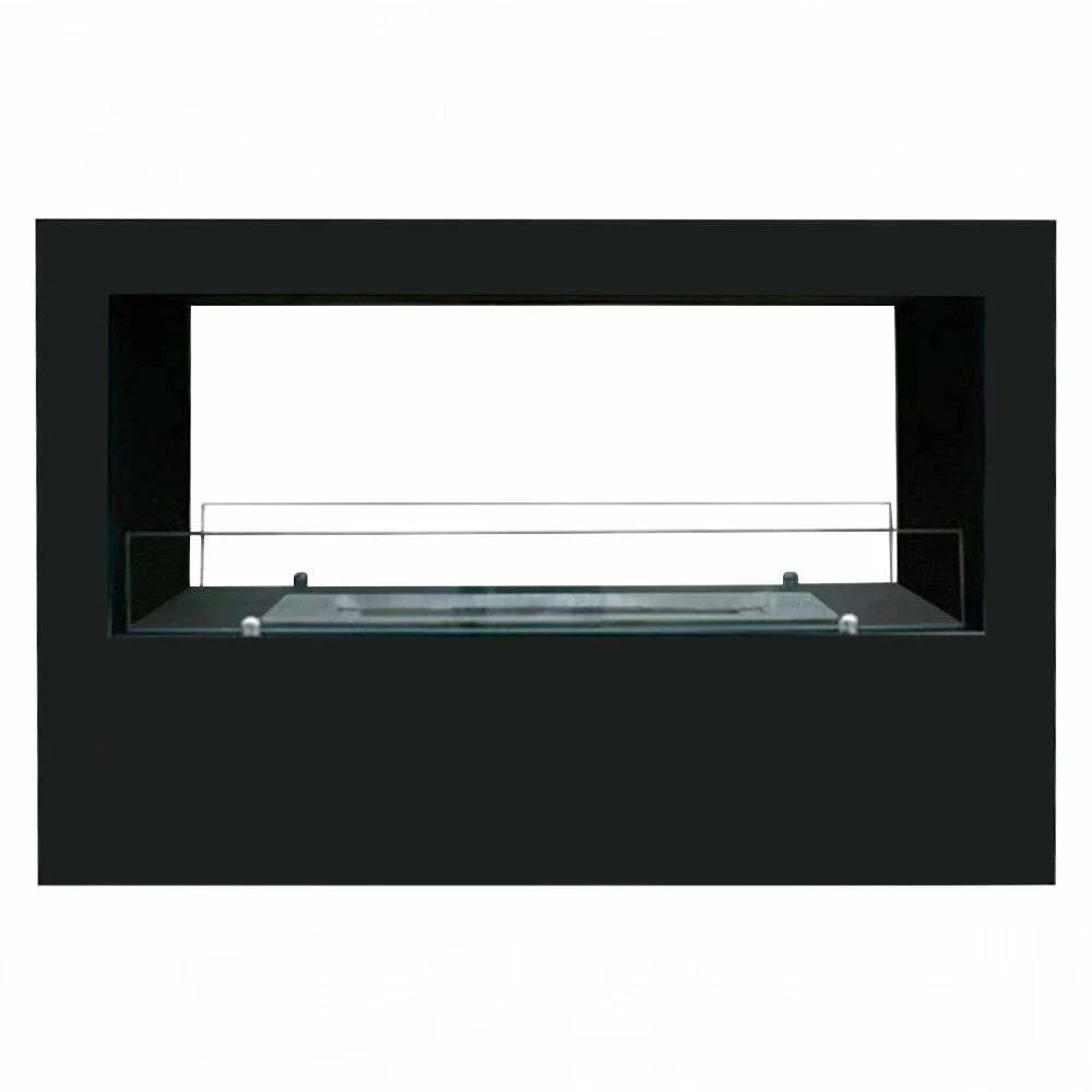 Black rectangular fireplace insert with glass panel on a white background