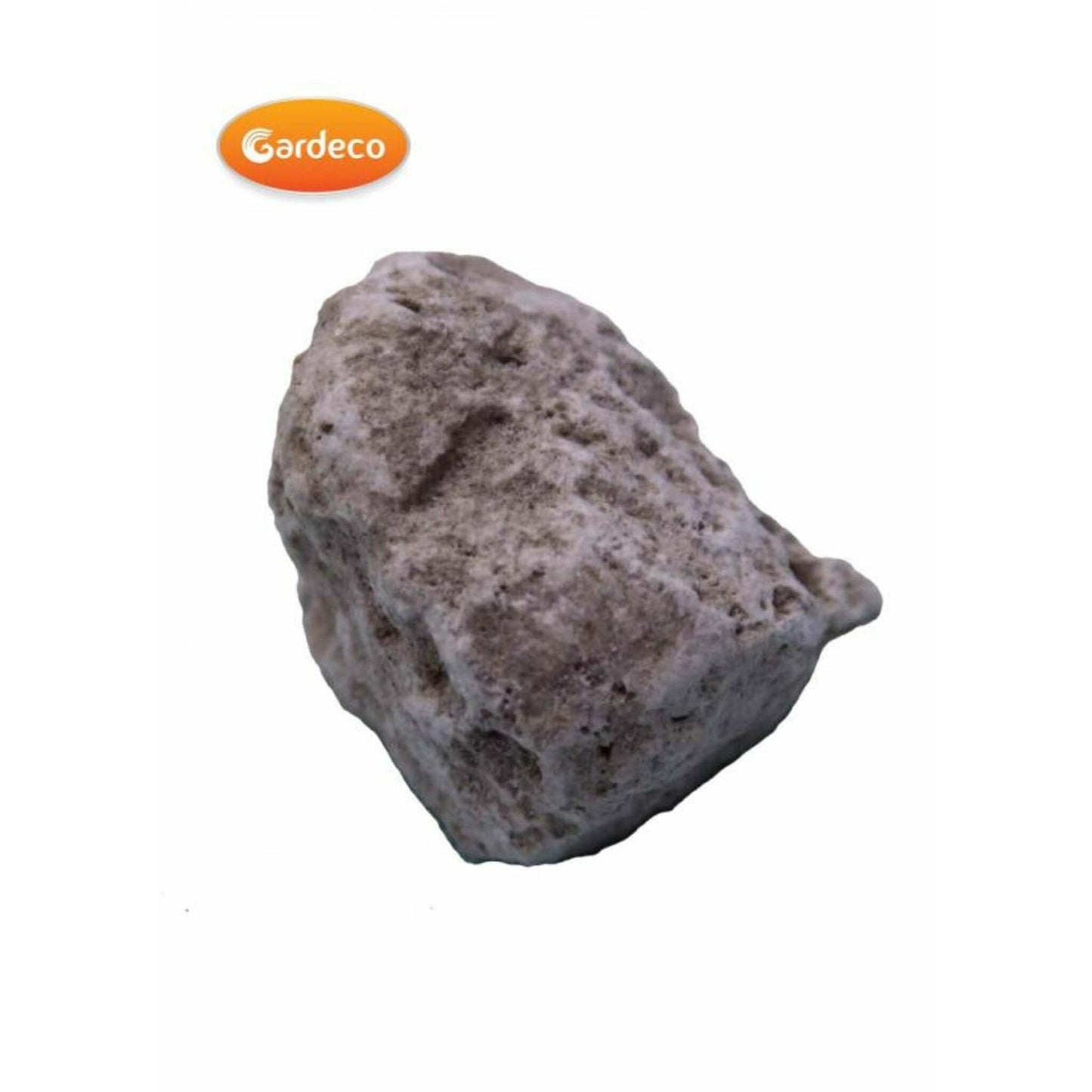 Lava rock with Gardeco logo on a white background