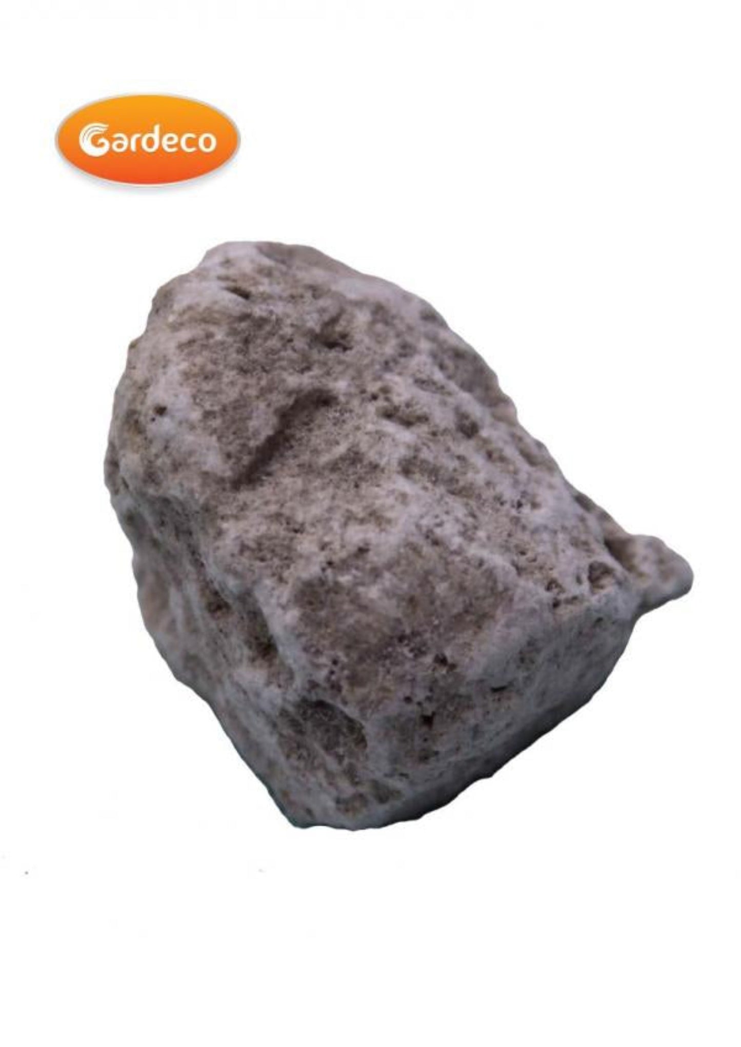 Lava rock with Gardeco logo on a white background