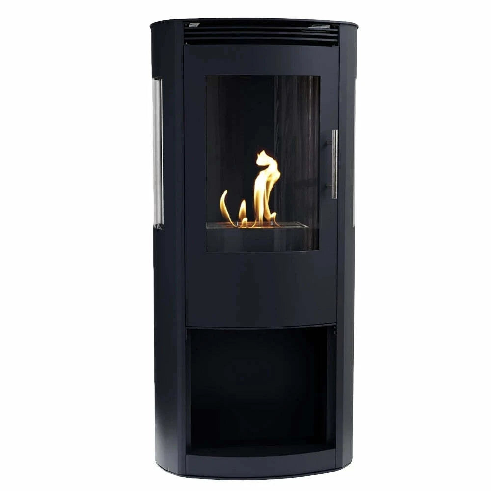 Black freestanding fireplace with visible flames on a white background