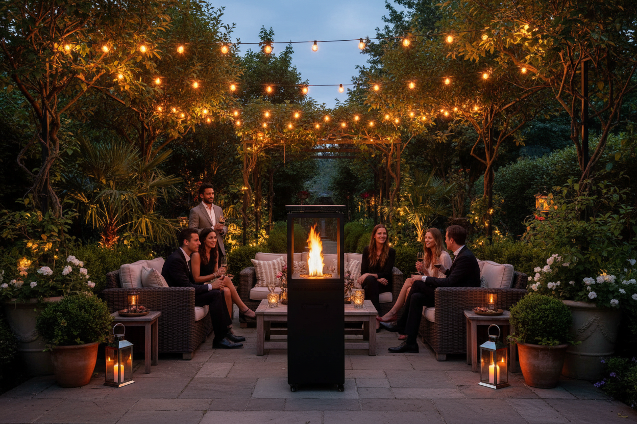 An outdoor evening patio scene with several people gathered around a central black fire pit table, seated on gray wicker sofas under warm string lights and surrounded by lush greenery and potted plants.