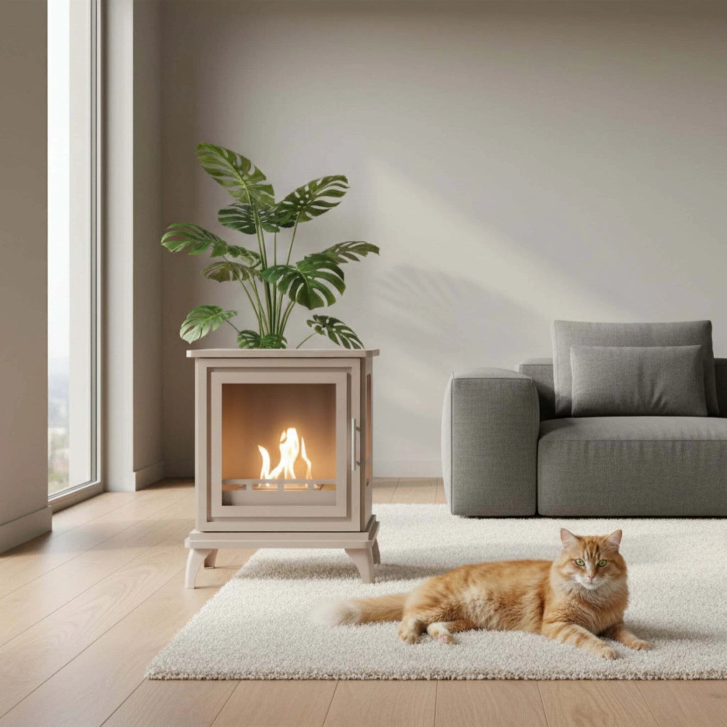 Beige freestanding fireplace with visible flames on a white background