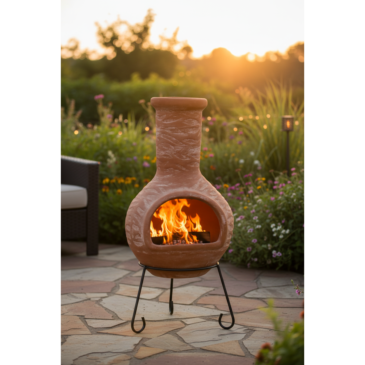 Olas XL Mexican Chiminea – Sandy Orange on patio