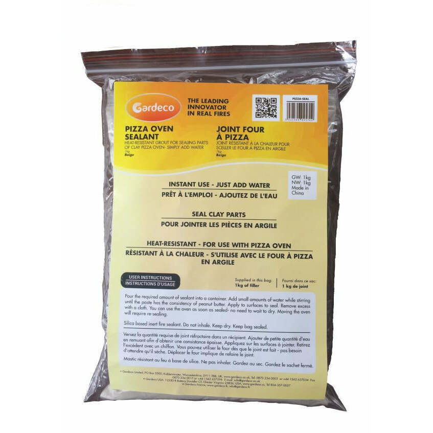 Gardeco pizza oven sealant packaging with yellow label and clear plastic bag