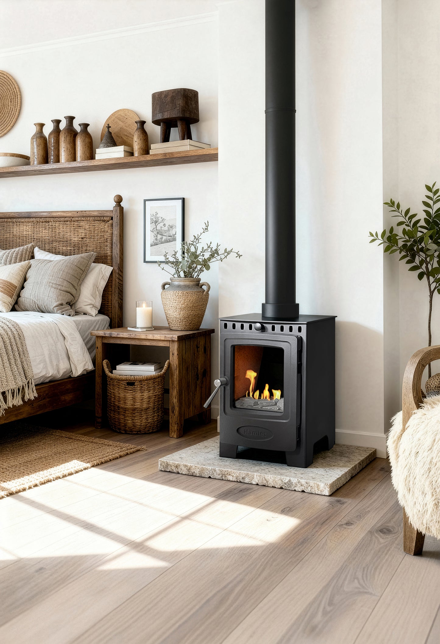 A black wood-burning stove with a visible fire, set in a bright, modern bedroom with light wood floors, a bed, and a stone hearth.