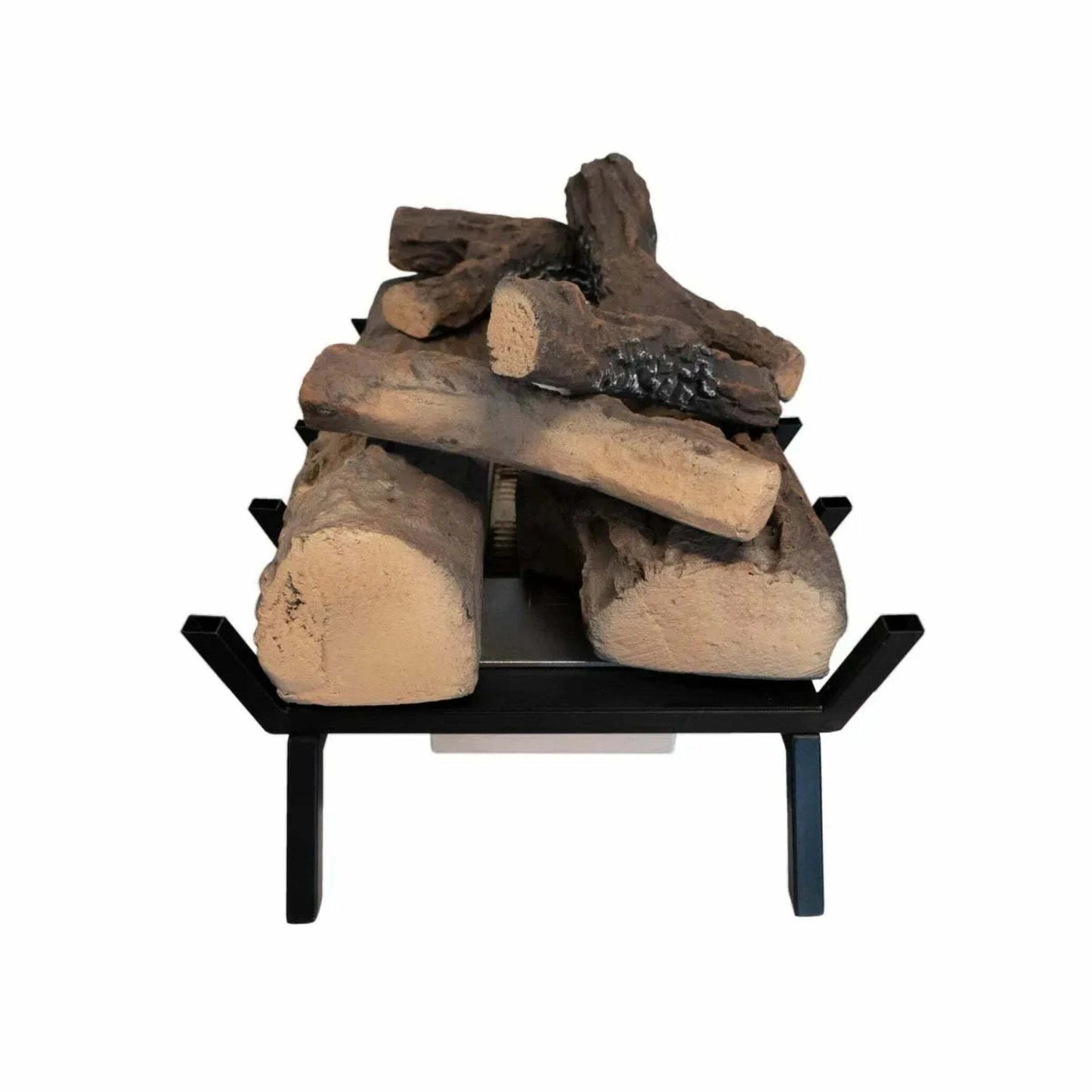 Wooden logs on a metal stand against a white background