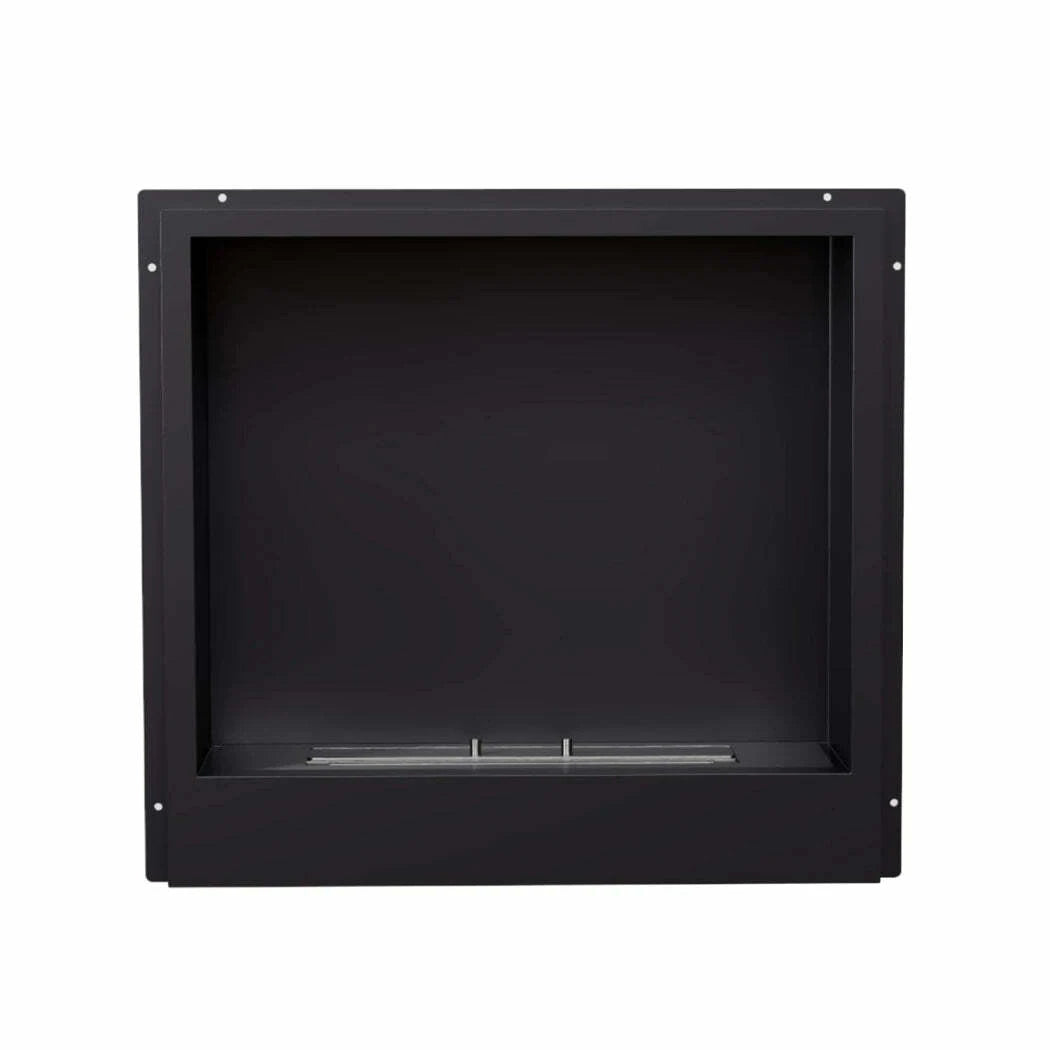 Black rectangular outdoor fireplace insert on a white background