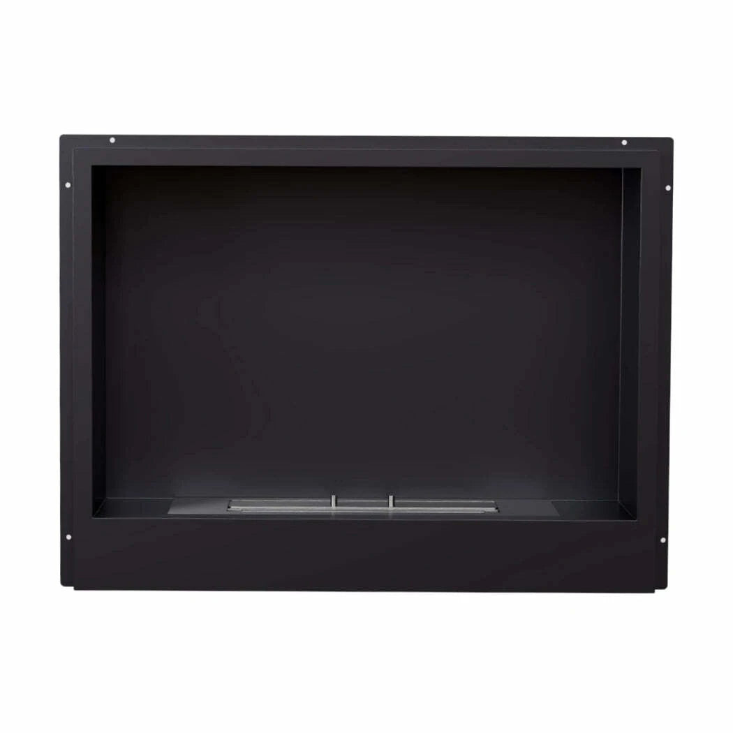 Black rectangular fireplace insert on a white background