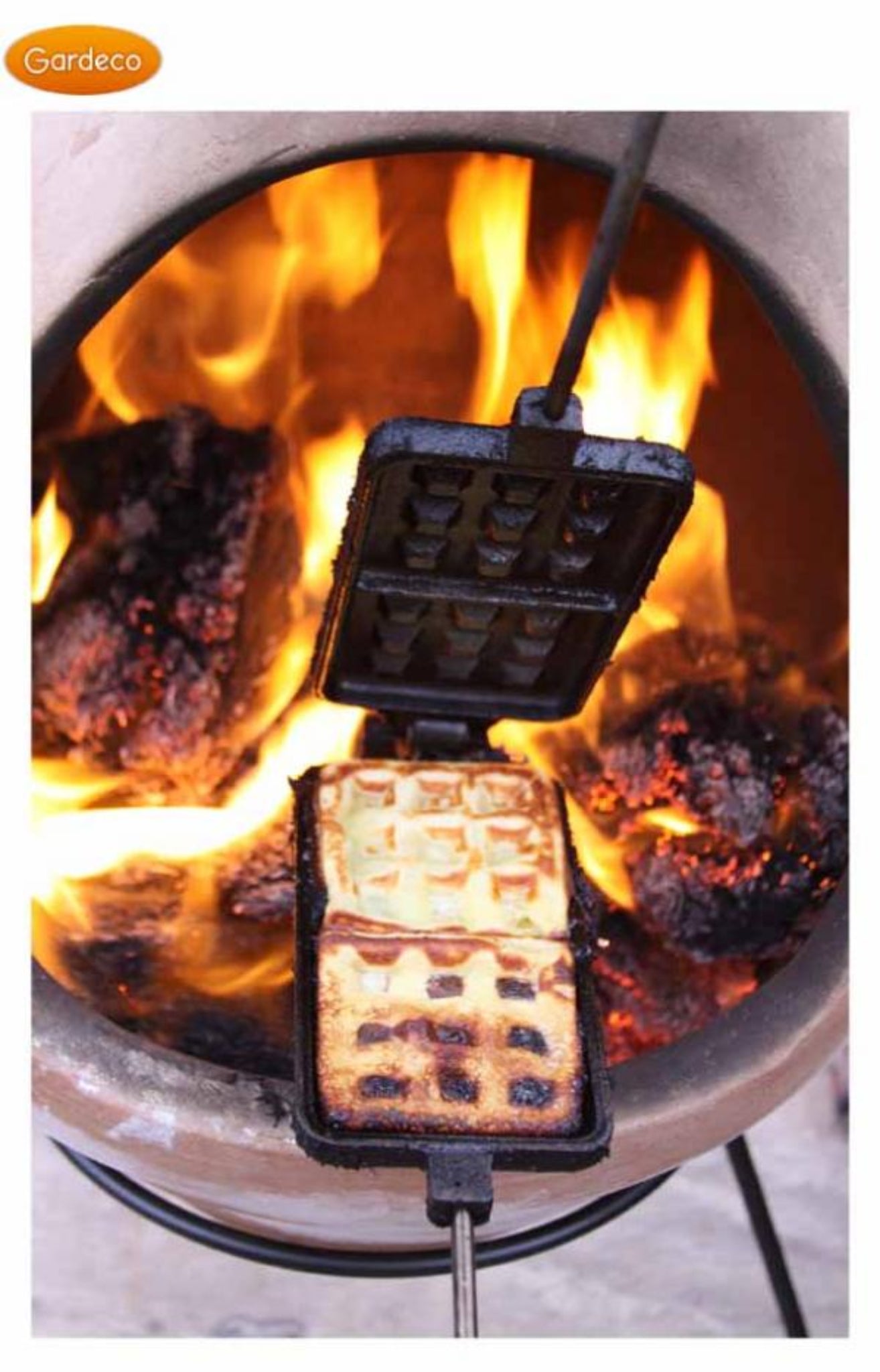 Waffle maker with waffles being cooked over an open flame, brand 'Gardeco' visible.