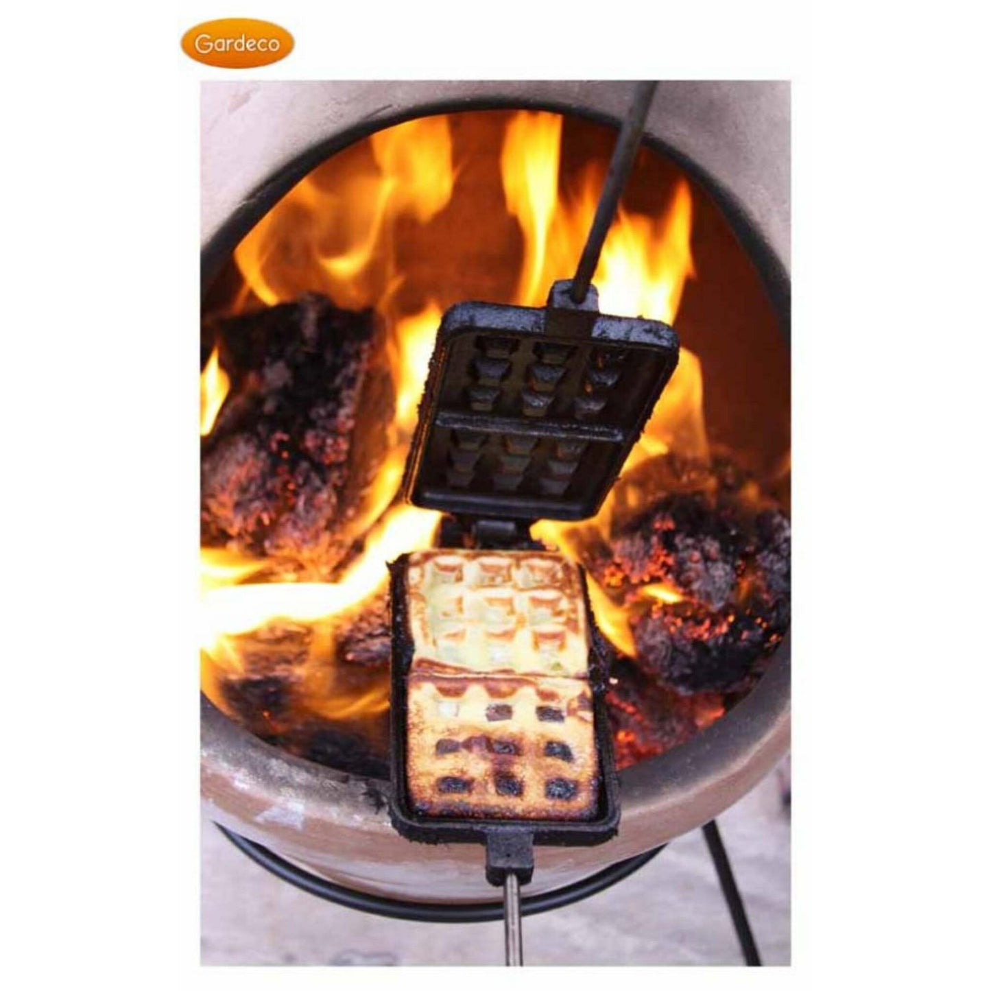 Waffle maker with waffles being cooked over an open flame, brand 'Gardeco' visible.