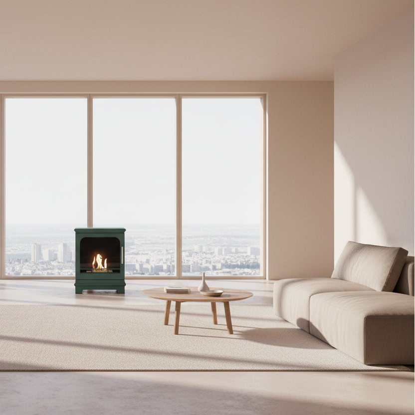 Green freestanding stove with visible flames in a cream penthouse with sofa and table.