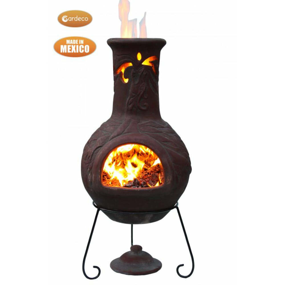 Decorative outdoor fireplace with flames inside, branded 'Gardeco' and 'Made in Mexico'.