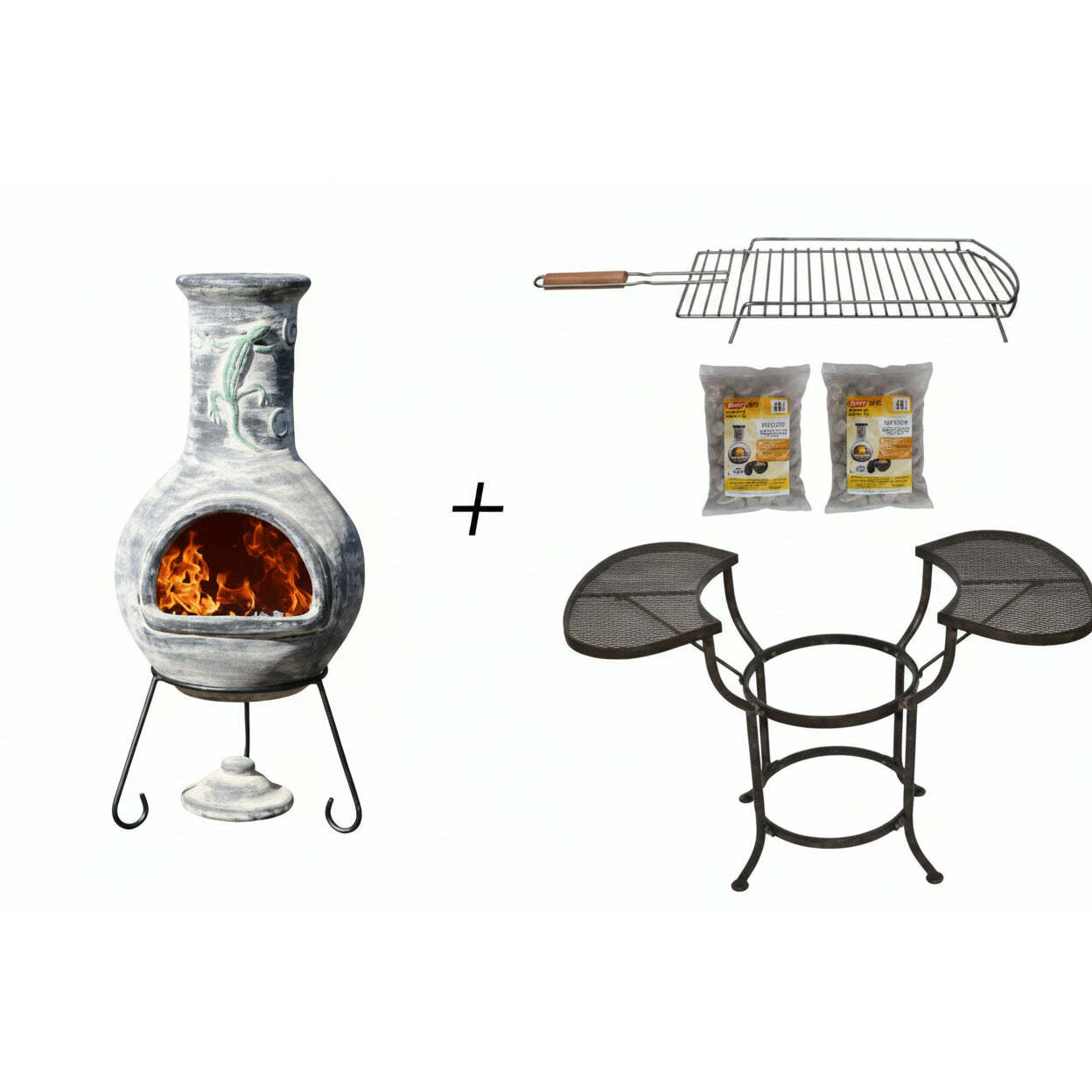 Chiminea with fire, grill, two sets of lava stones and table set on a white background