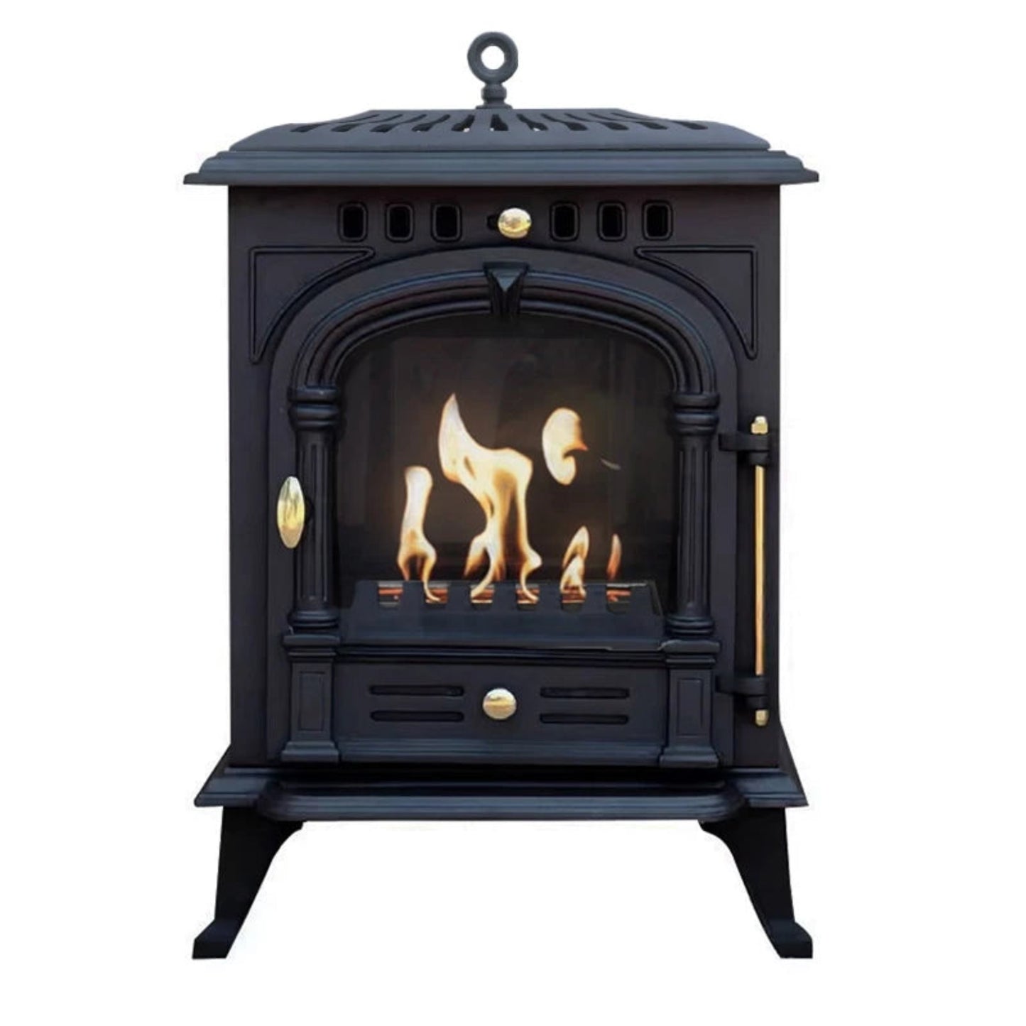 Bergan Black freestanding cast iron stove with decorative elements on a white background