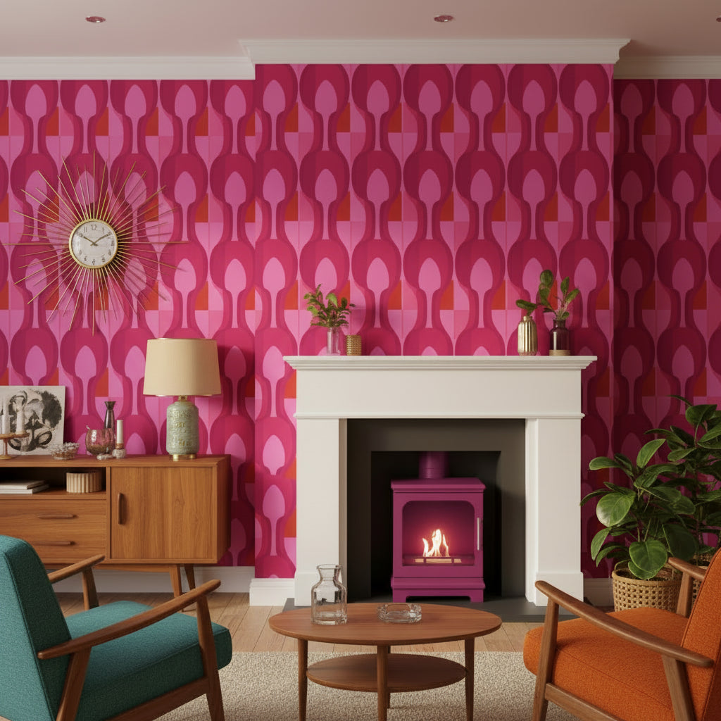 pink fireplace with flames inside in a 60s front room