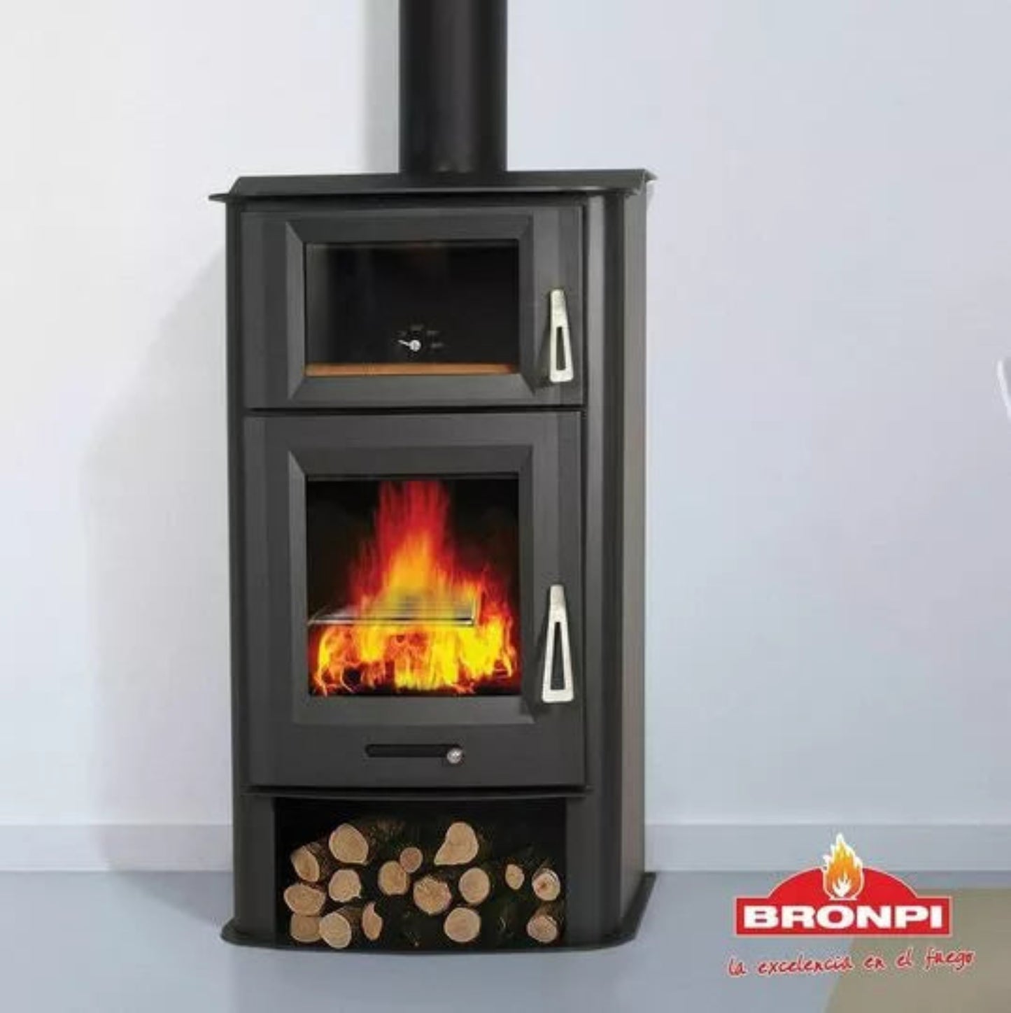 Wood-burning Bronpi Tudela stove & oven with flames and logs on a white background, featuring the Bronpi brand.