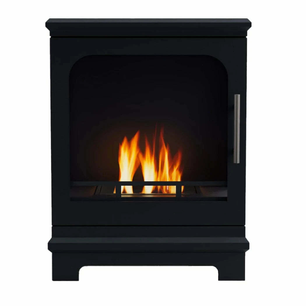 Black freestanding fireplace with flames inside on a white background
