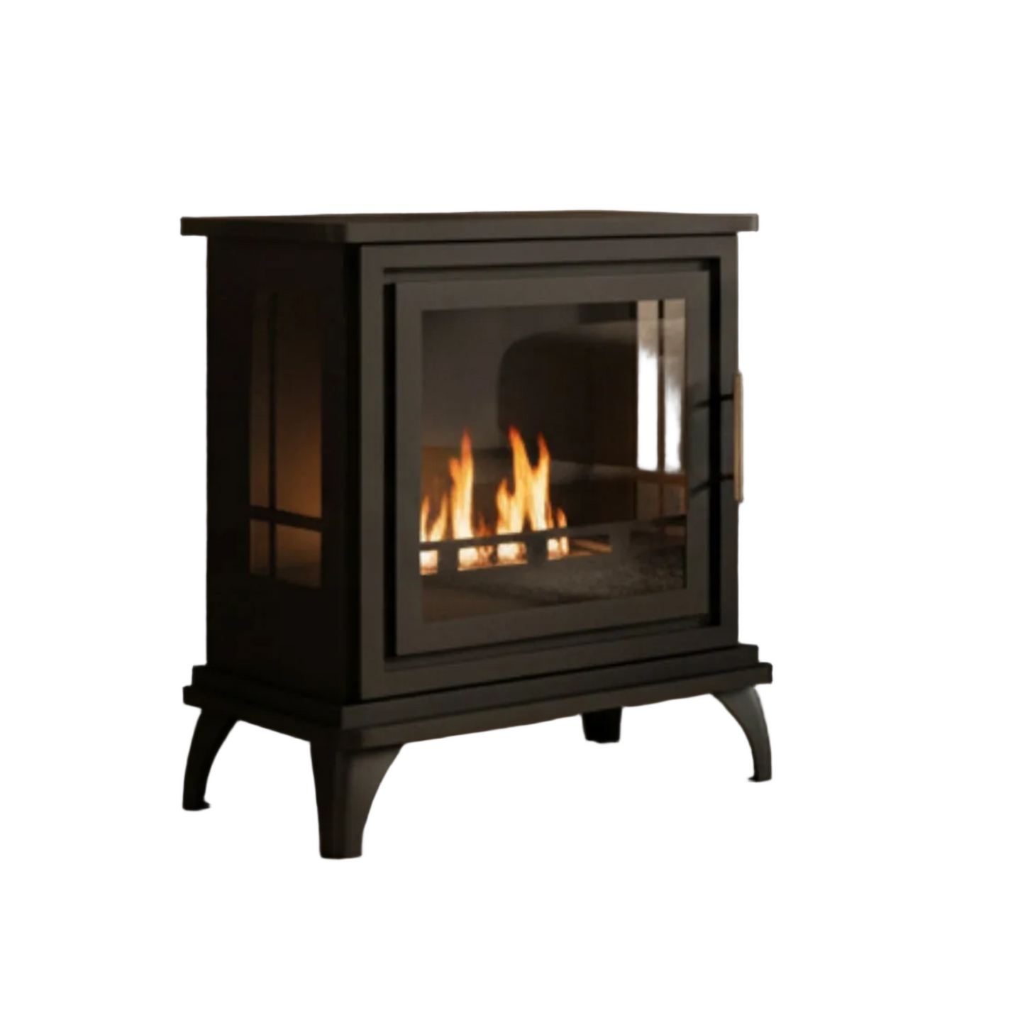 Black freestanding fireplace with visible flames on a white background