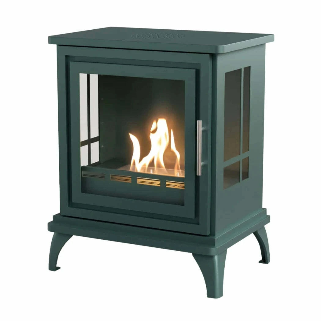 Green freestanding stove with visible flames inside on a white background