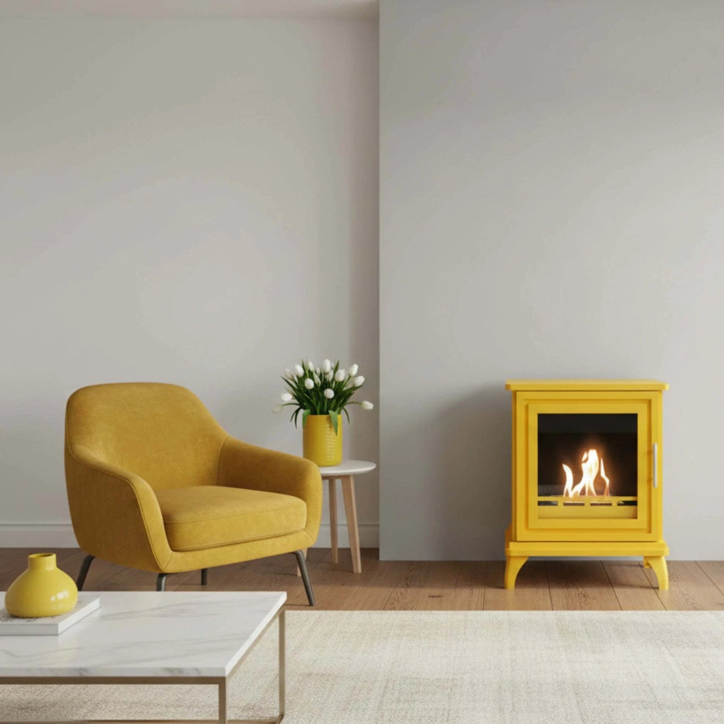 Yellow freestanding fireplace with flames inside in a neutral room with a yeelow chair and vases with white tulips.