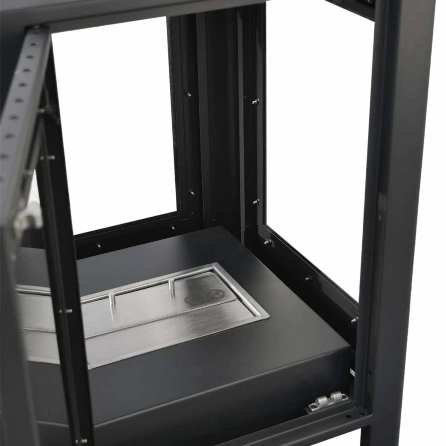 Black metal frame of the Natura Garden Fireplace with a central metallic platform on a white background