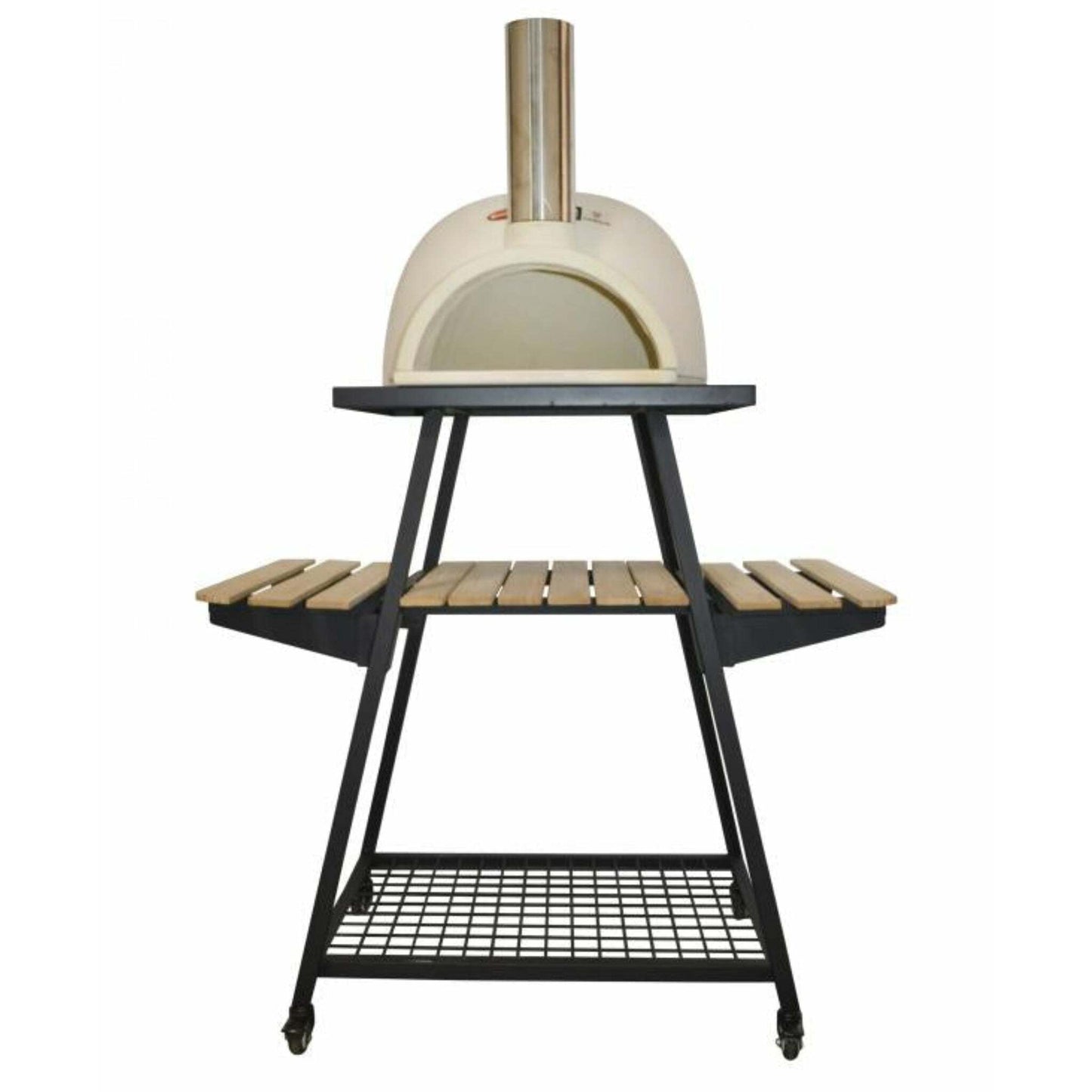 White outdoor pizza oven on a black metal stand with wooden shelves against a white background