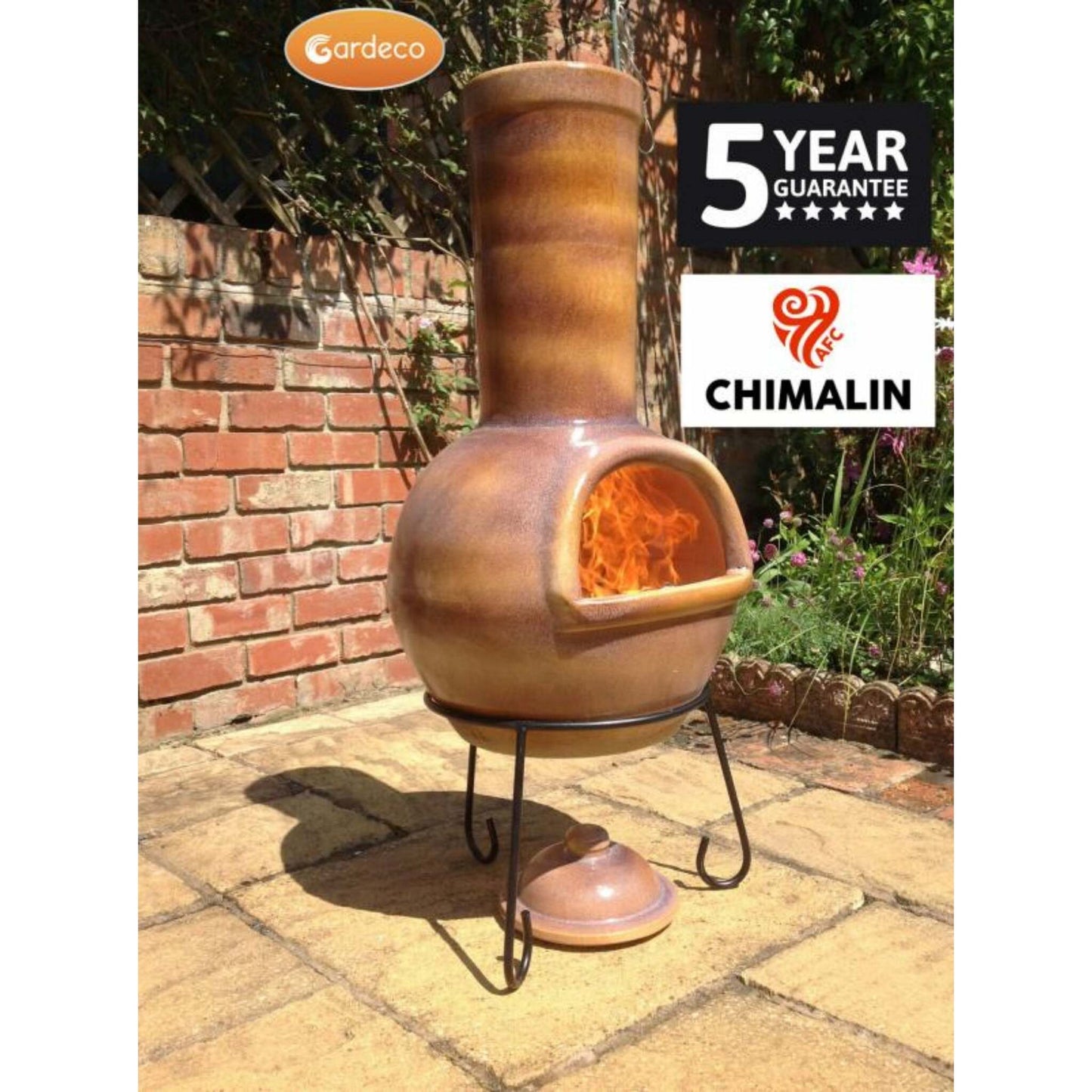 Chiminea with visible flames on a patio, featuring Gardeco and Chimalin branding.