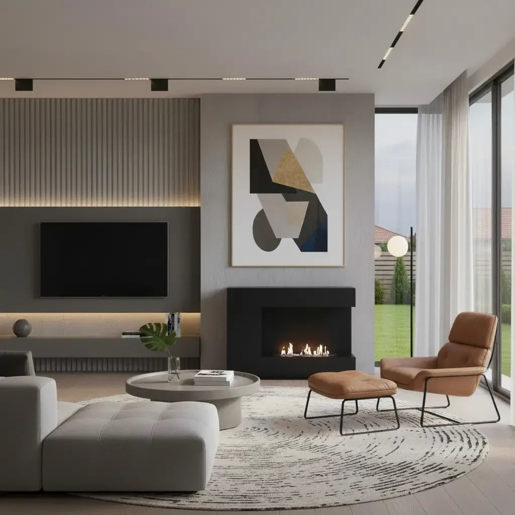 Modern living room with a fireplace, sofa, and abstract art on the wall.