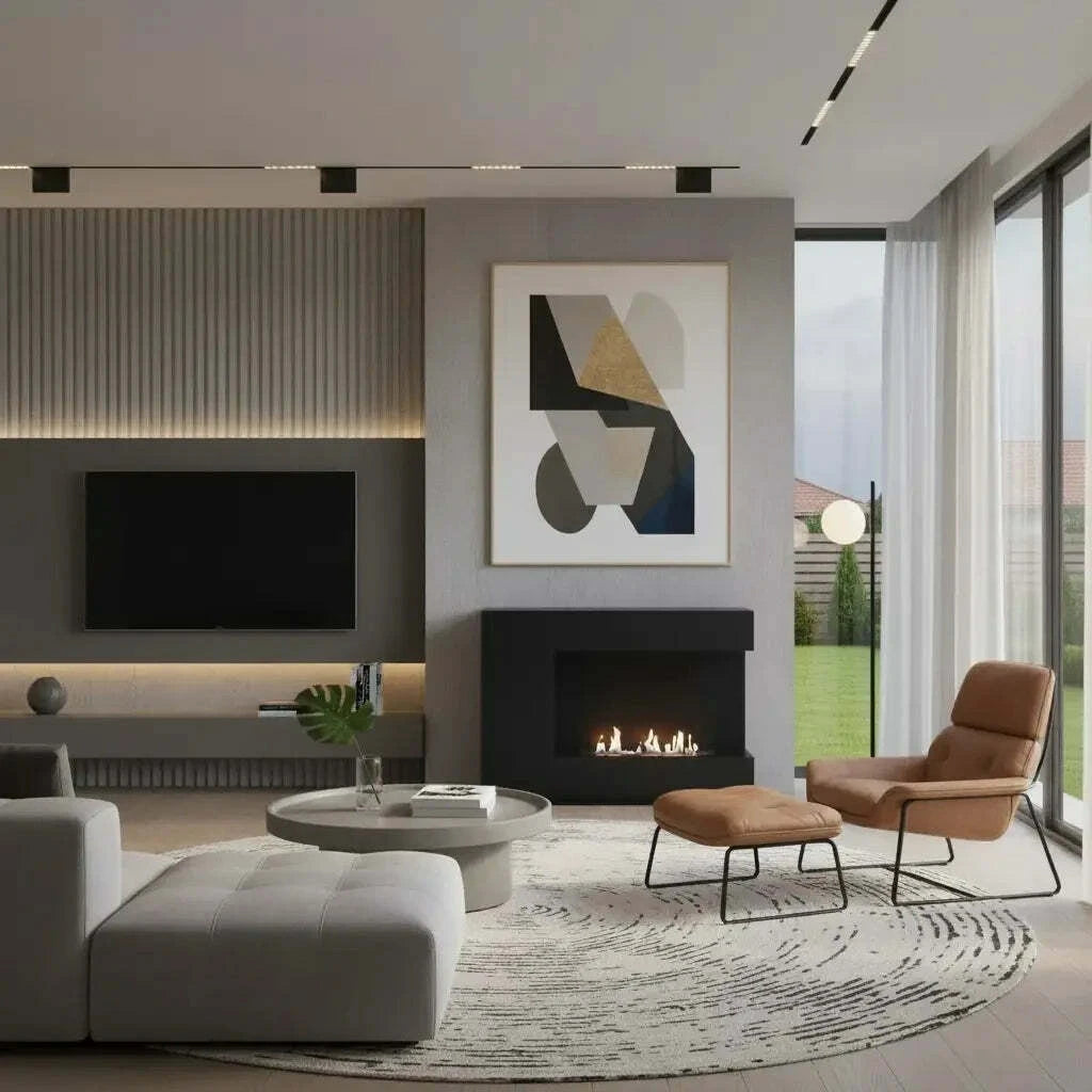 Modern living room with a fireplace, sofa, and abstract art on the wall.