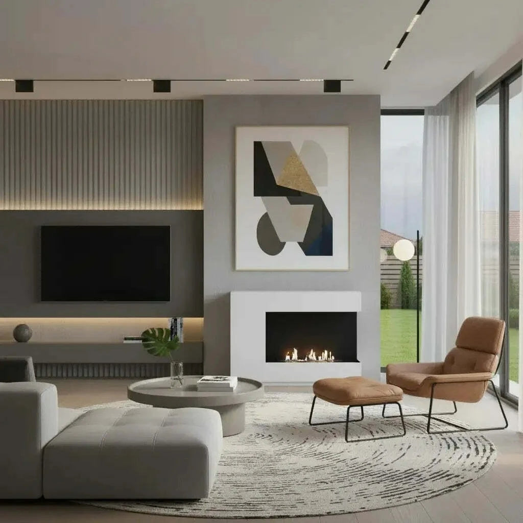Modern living room with a fireplace, TV, and artwork.