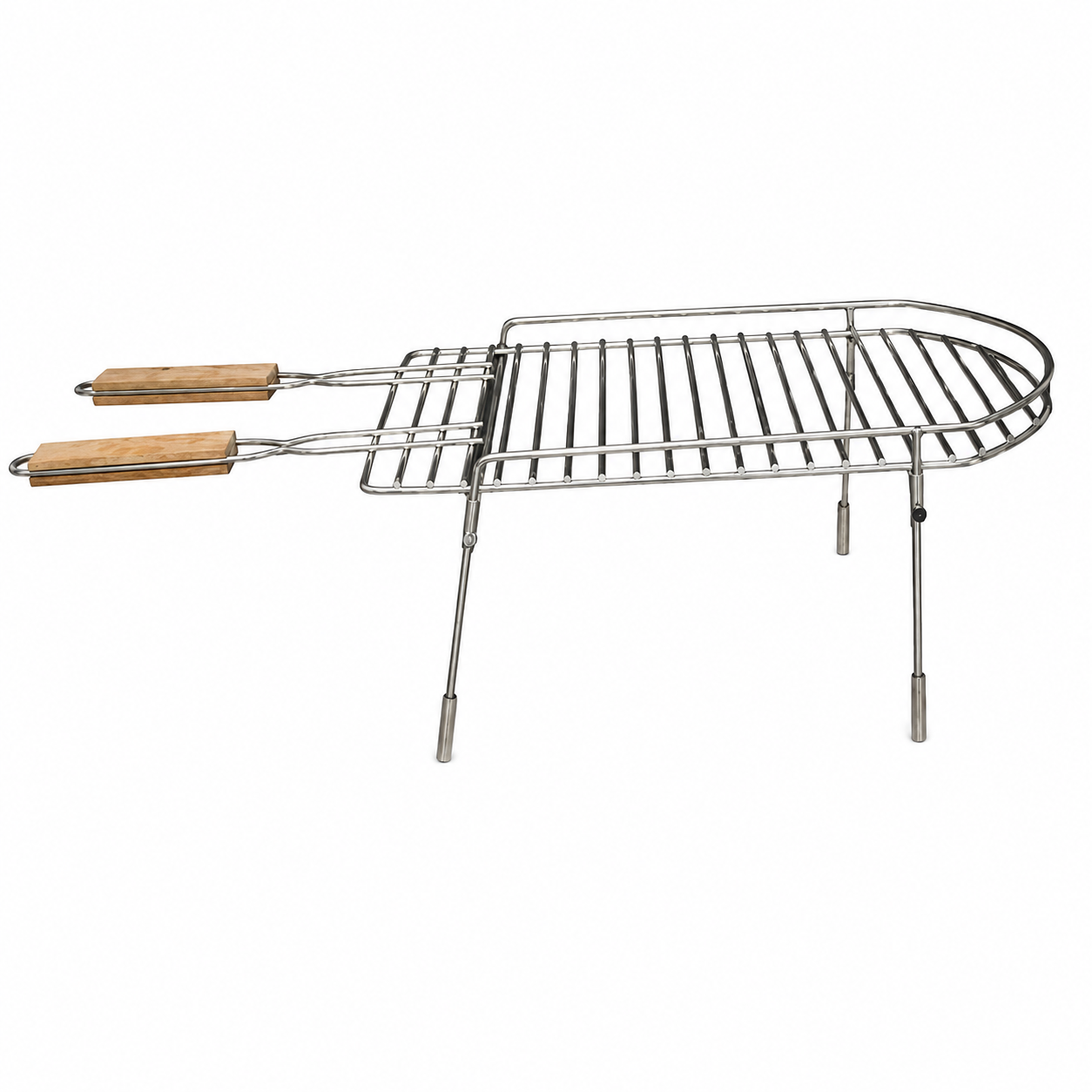 Portable metal grill with wooden handles on a white background