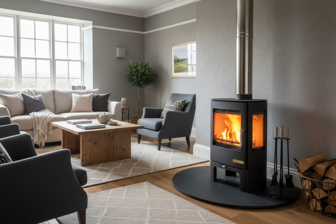 A modern stove in a modern beige lounge.