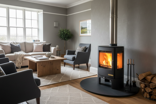 A modern stove in a modern beige lounge.