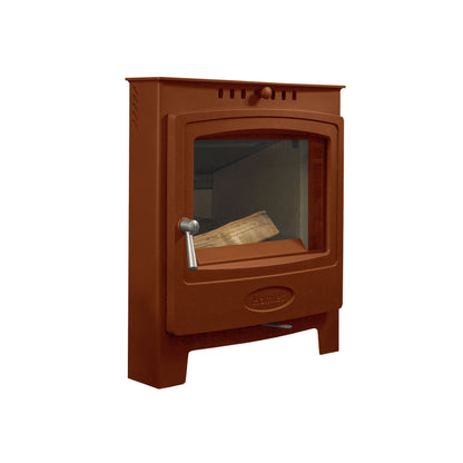 A reddish-brown cast iron wood-burning stove with a glass door showing a piece of wood inside, set against a plain white background.
