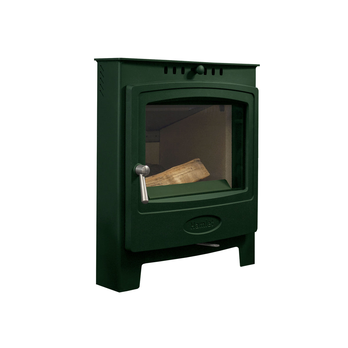 A dark green wood-burning stove with a glass window showing a piece of wood inside, featuring a silver lever handle and a circular brand badge on the lower front.