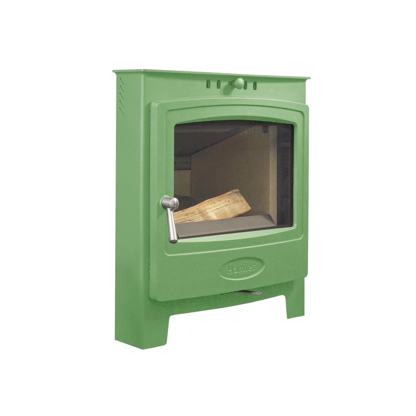A green metal wood-burning stove with a glass front door, silver handle, and visible wood log inside, shown on a plain white background.