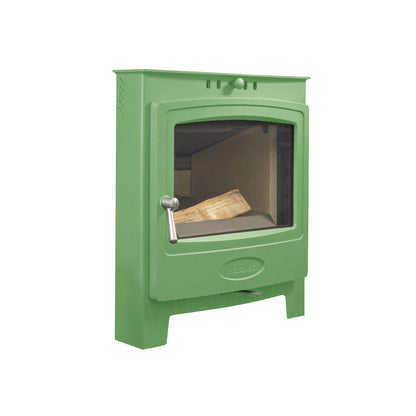 A green metal wood-burning stove with a glass front door, silver handle, and visible wood log inside, shown on a plain white background.